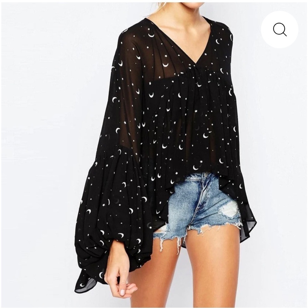 Wildfox Black Crescent Print Women's Blouse xs small nwt flowy oversized